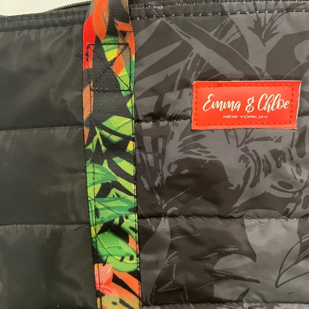 Emma & Chloe New York Tote Bag Black With Pink & Green Floral & Leaf Pattern View 4